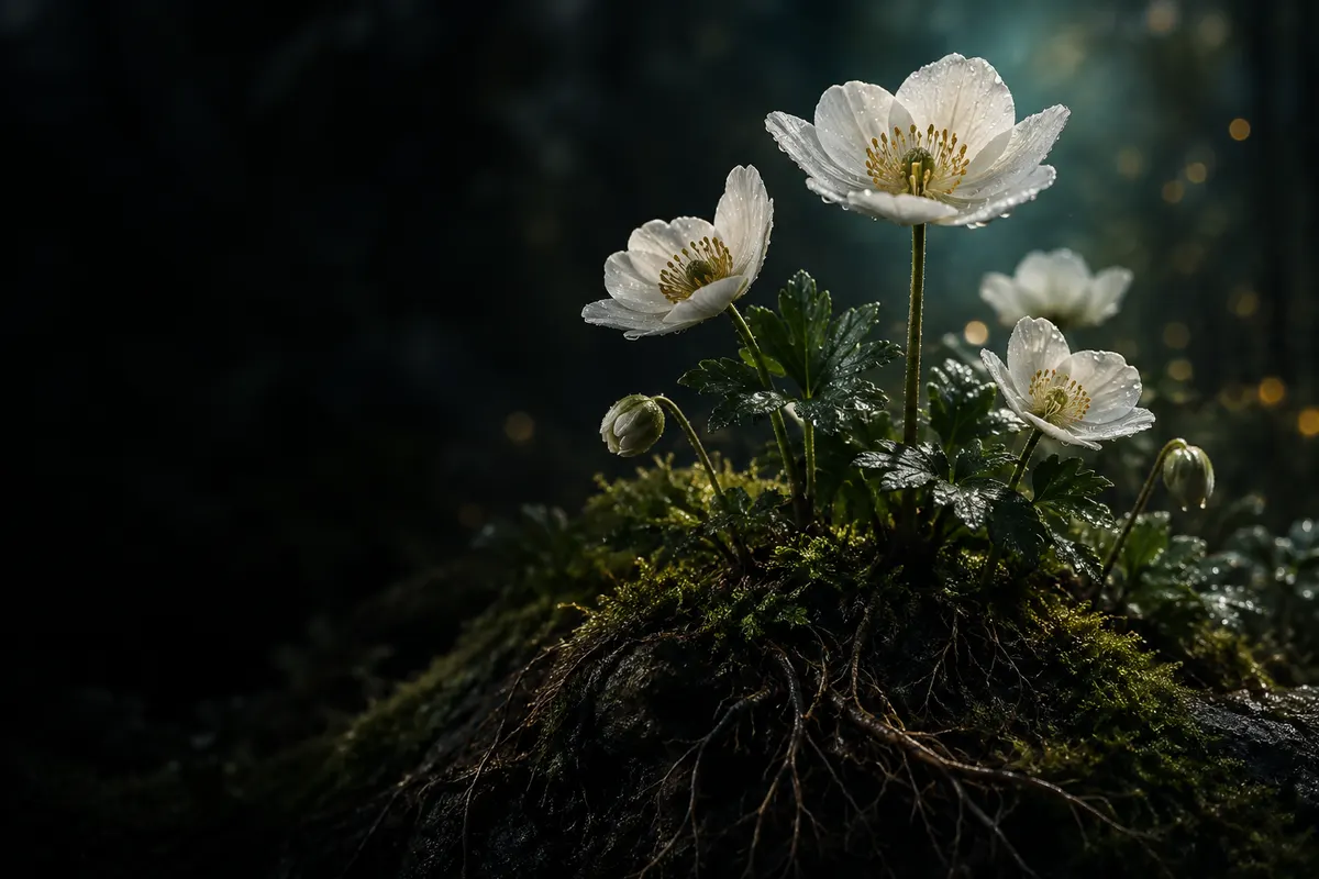 White flowers growing from moss and a network of strong roots